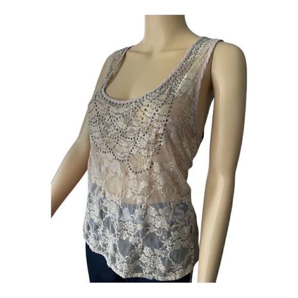 Charlotte Russe sheer mash floral/rose print top/blouse L tan sleeveless - Picture 3 of 16